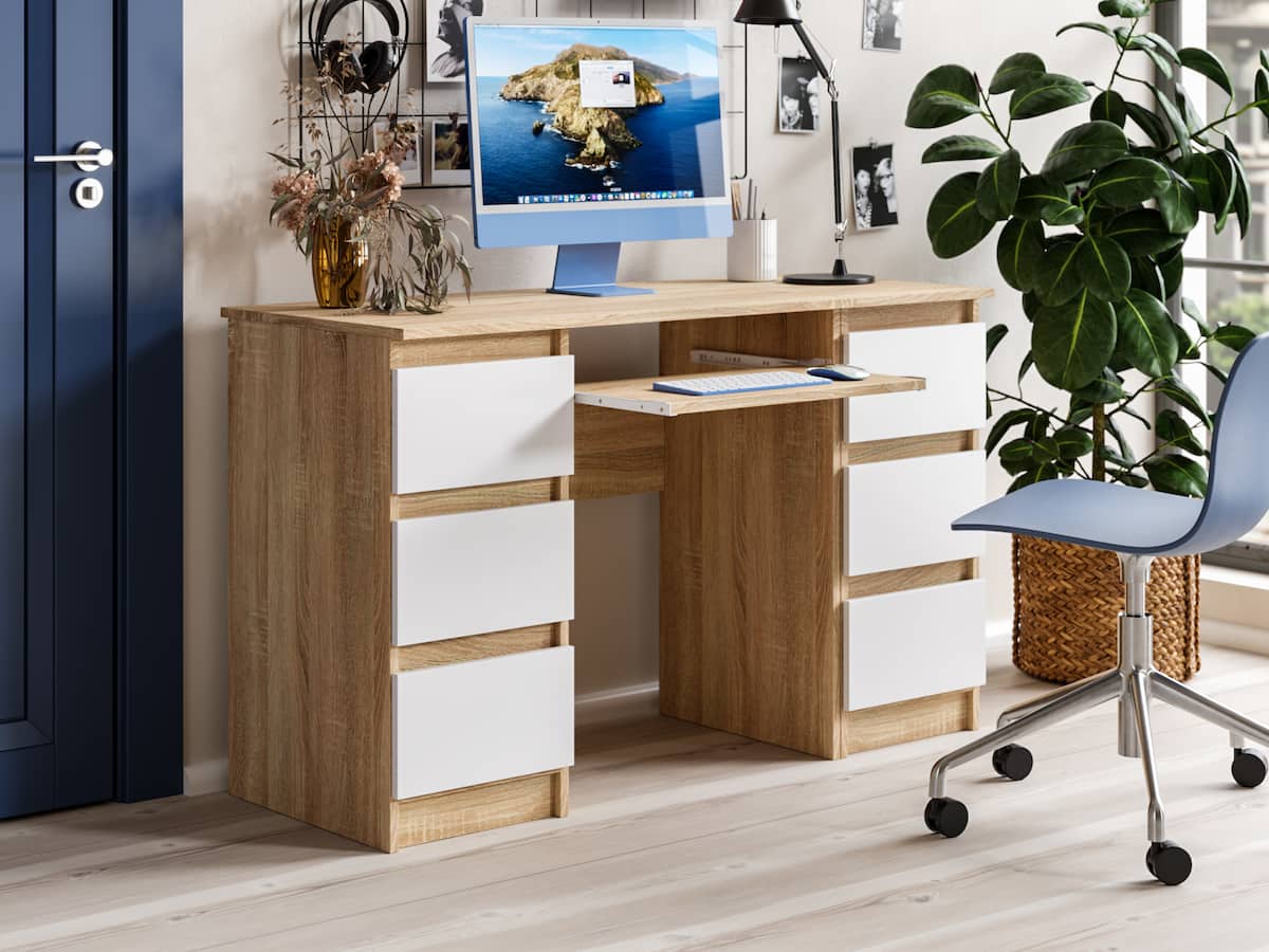 Bureau informatique bois chêne sonoma et blanc mat 123 cm 6 tiroirs et support clavier JARIS