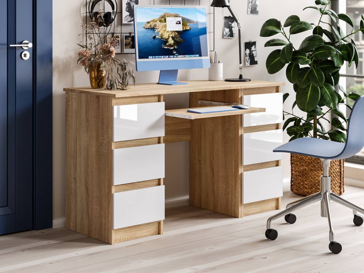Bureau informatique bois chêne sonoma et blanc brillant 123 cm 6 tiroirs et support clavier JARIS