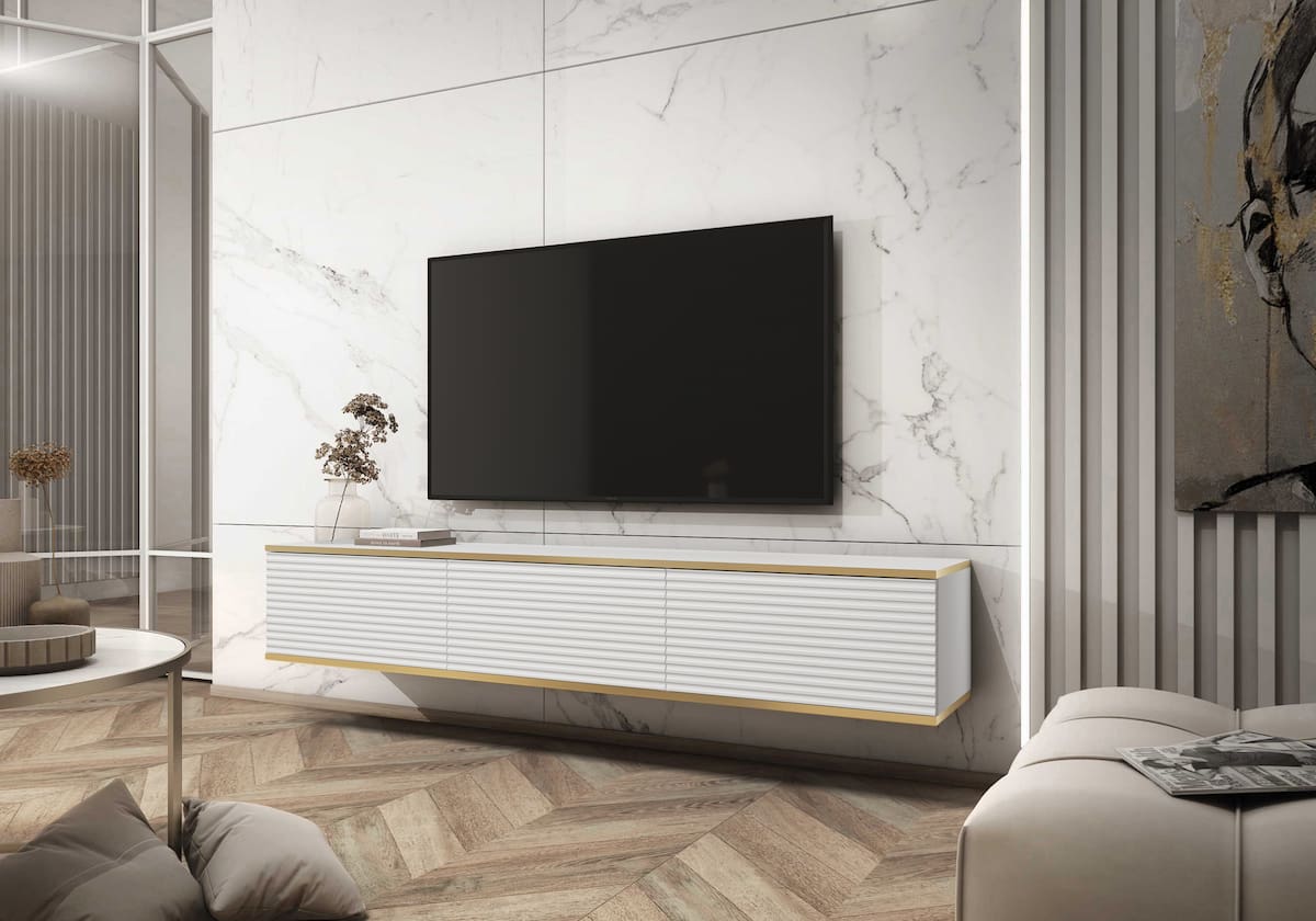 Meuble TV suspendu 175 cm SIMETO blanc mat avec façade rainurée décorative