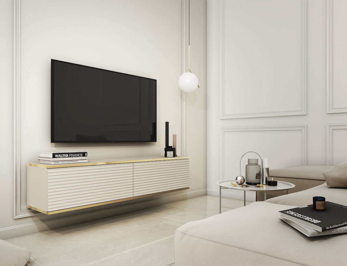 Meuble TV suspendu 135 cm SIMETO beige avec façade rainurée décorative