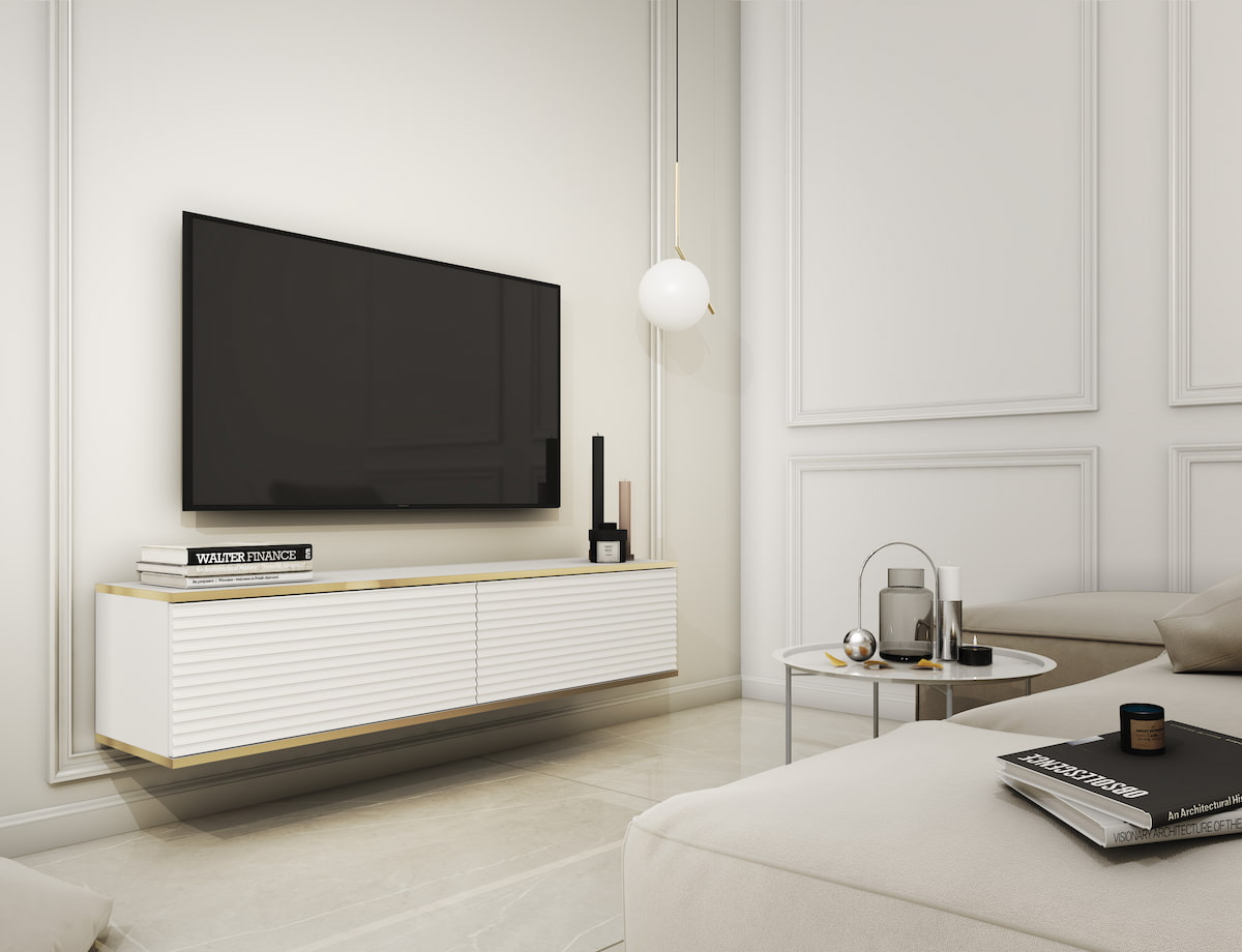 Meuble TV suspendu 135 cm SIMETO blanc mat avec façade rainurée décorative
