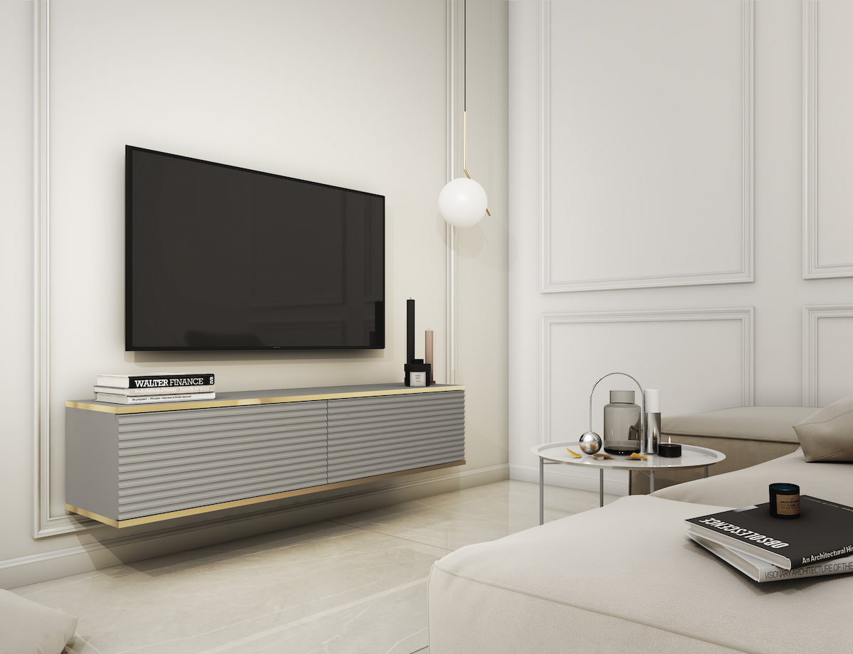 Meuble TV suspendu 135 cm SIMETO gris avec façade rainurée décorative