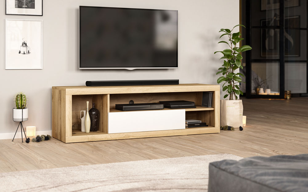 Meuble TV Forever chêne wotan et blanc mat 140 x 42,6 x 40 cm