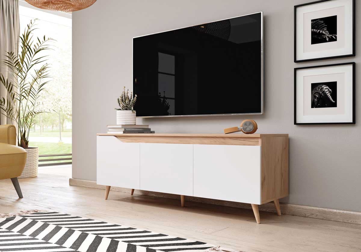 Meuble TV Cosy chêne craft or et blanc mat 140 x 52 x 40 cm
