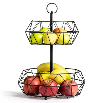 Koszyk na owoce i warzywa geometryczny metalowy czarny kosz patera miska 2-poziomowy